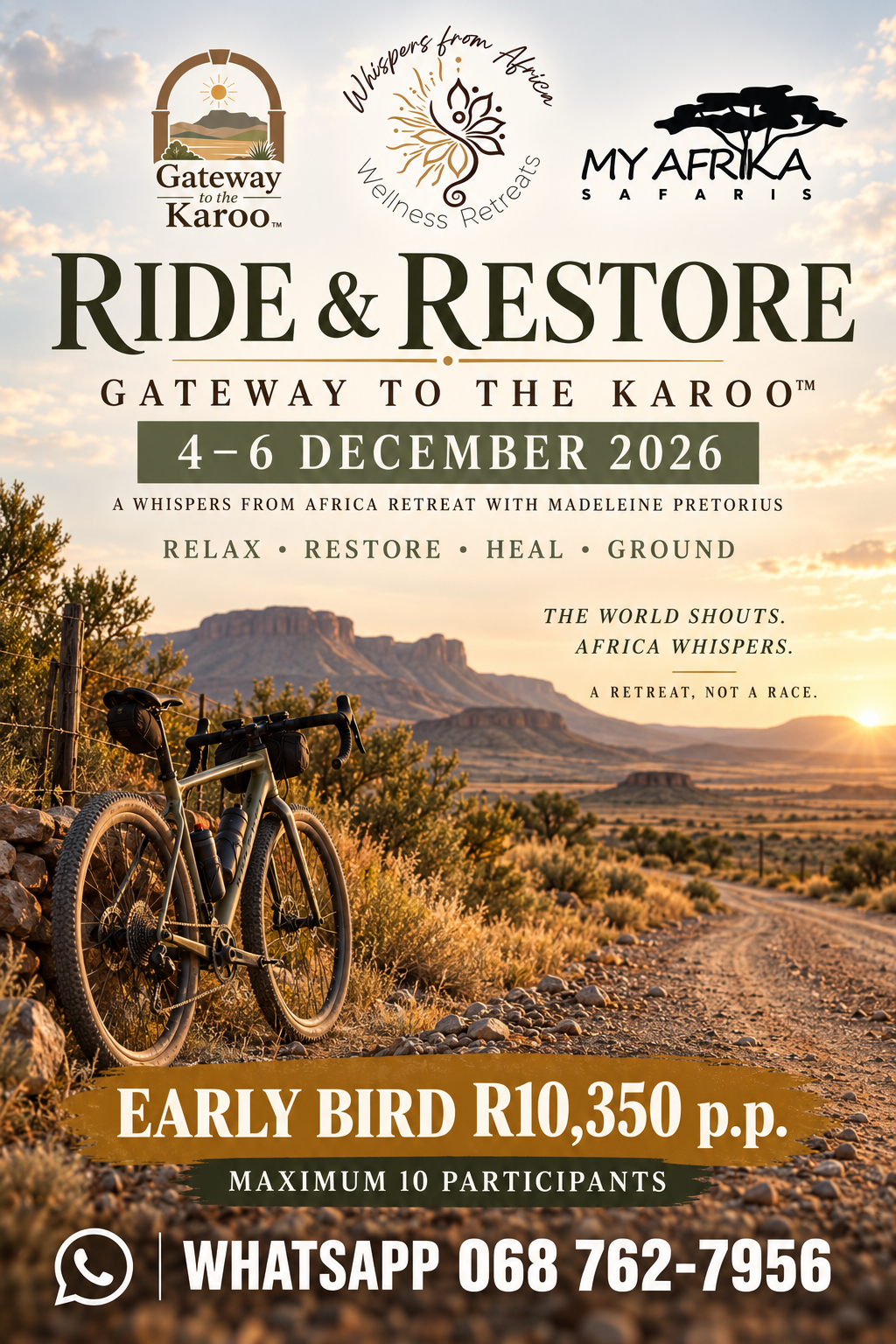 Ride & Restore Gateway to the Karoo retreat, a gravel bicycle beside a quiet Karoo road, 4–6 December 2026