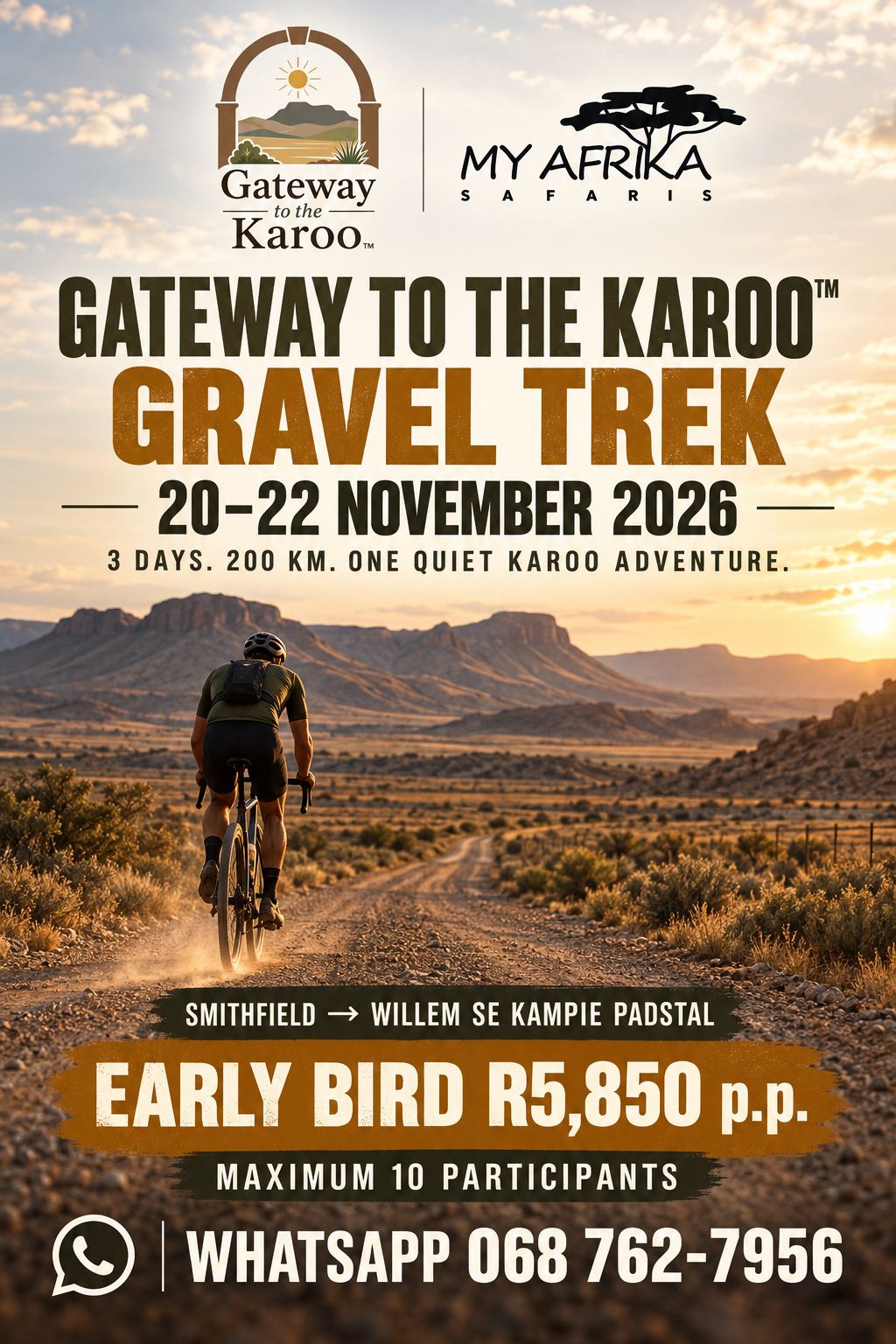 Gateway to the Karoo Gravel Trek cyclist on a Karoo gravel road, 20–22 November 2026