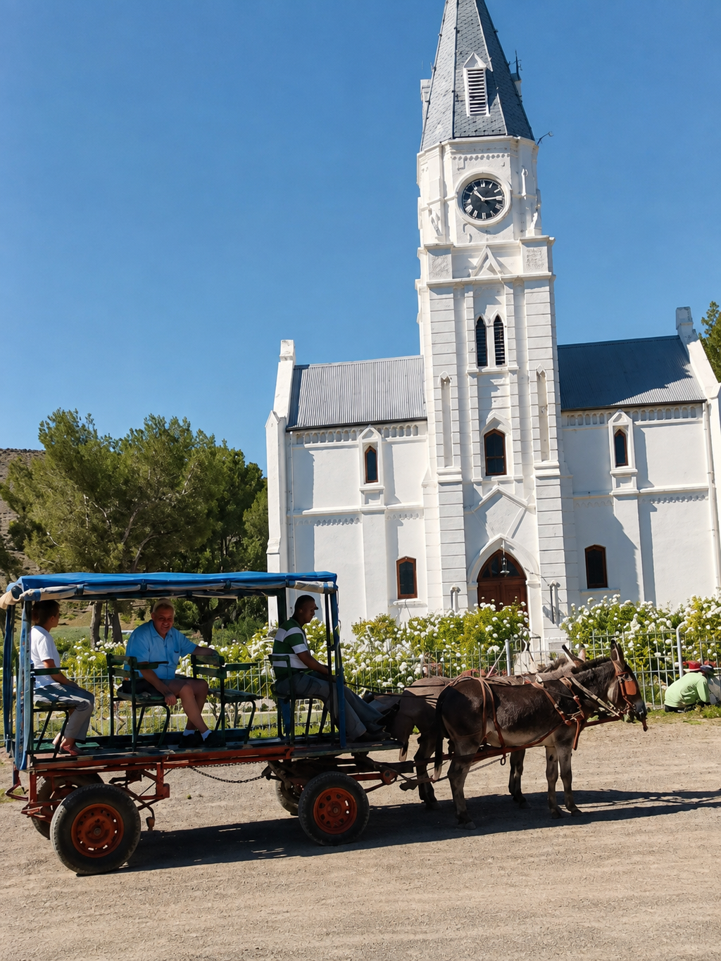 Donkiekar voor die kerk — Nieu-Bethesda