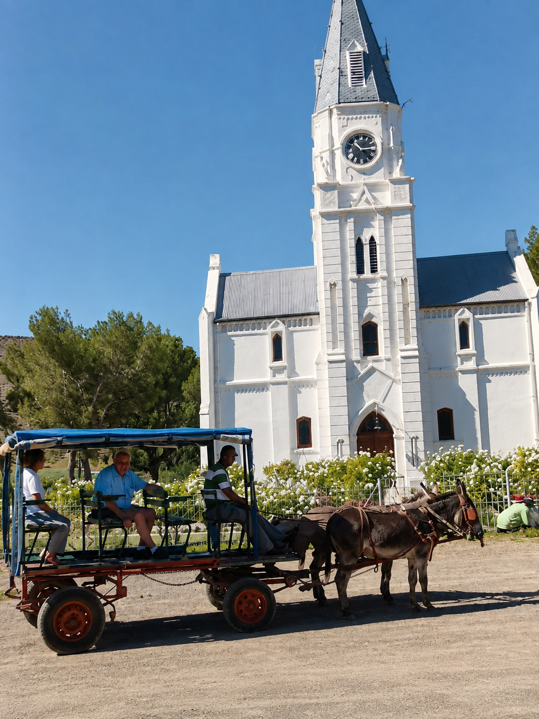 Donkiekar voor die kerk — Nieu-Bethesda